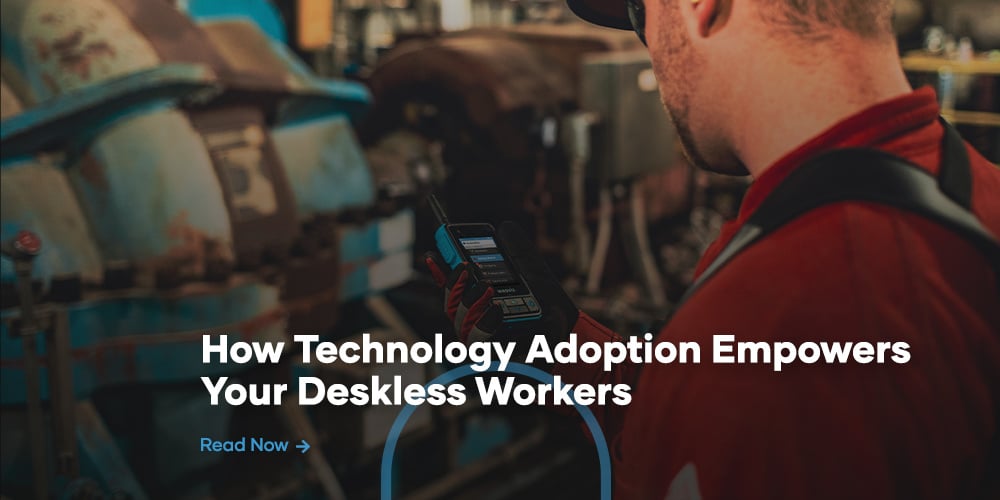 Thumbnail for a blog on how technology adoption empowers deskless workers. A worker wearing a hardhat, red shirt, and protective gloves looks at a rugged smart radio.